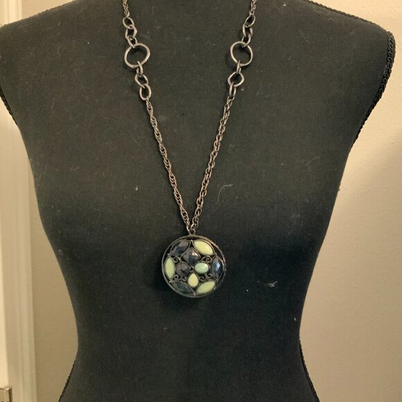 1928 Mosaic Style Green Deep Blue Faceted Pendant Gunmetal Chain Necklace - Picture 3 of 7